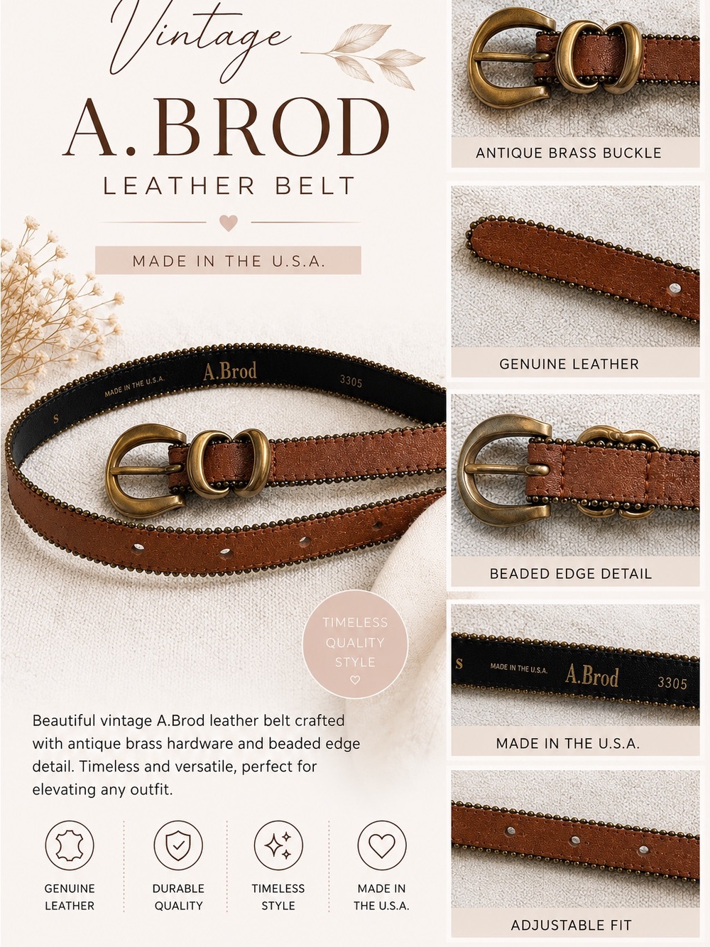 Vintage A.BROD Genuine Leather Belt - Brown